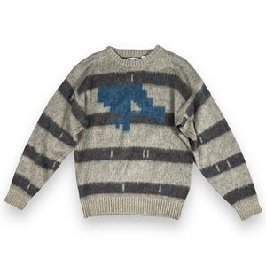 Vintage Saturdays Beige Blue Abstract Sweater Kurt Cobain Fuzzy Wool Blend Sz M